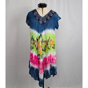 Exist Beach Tie Dye Cover Up Dress Women's OS Navy Green Embellishments NWT